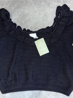 H&M Black Off-the-Shoulder Ruffle-Trim Knit Sweater
